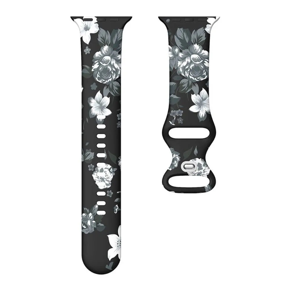 Apple Watch (45mm) design style silicone watch strap - Black / Grey Flowers