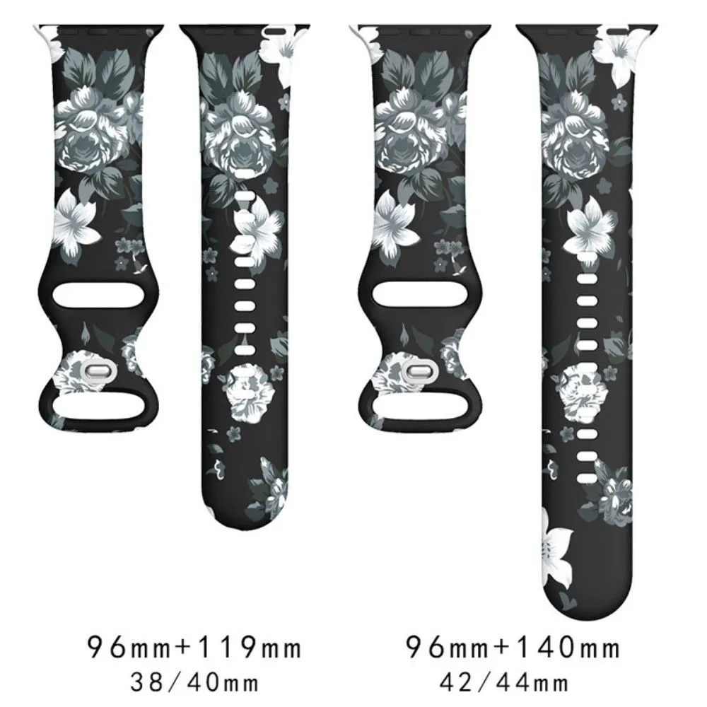 Apple Watch (45mm) design style silicone watch strap - Black / Grey Flowers