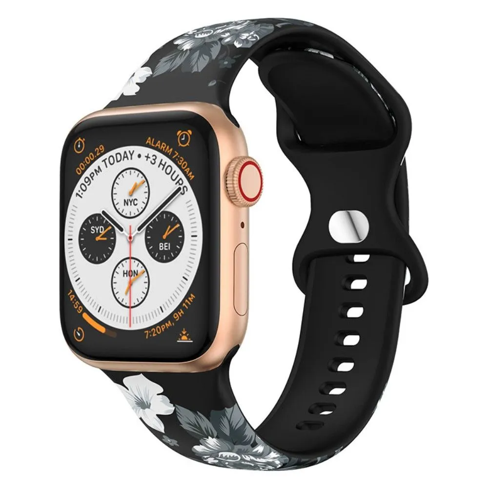 Apple Watch (45mm) design style silicone watch strap - Black / Grey Flowers