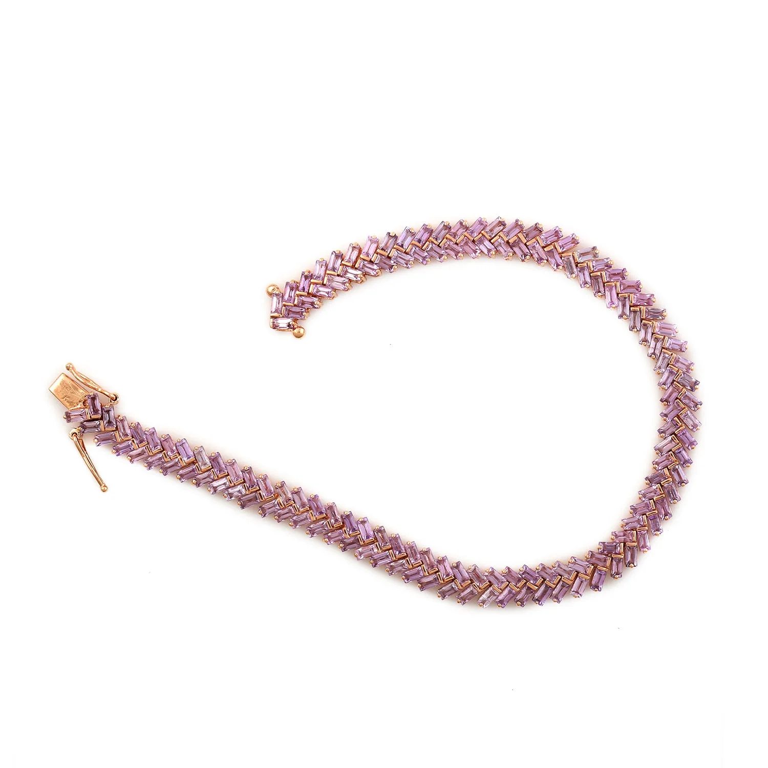 Baguette Pink Sapphire September Birthstone Zig Zag Tennis Bracelet Gift In Yellow Gold