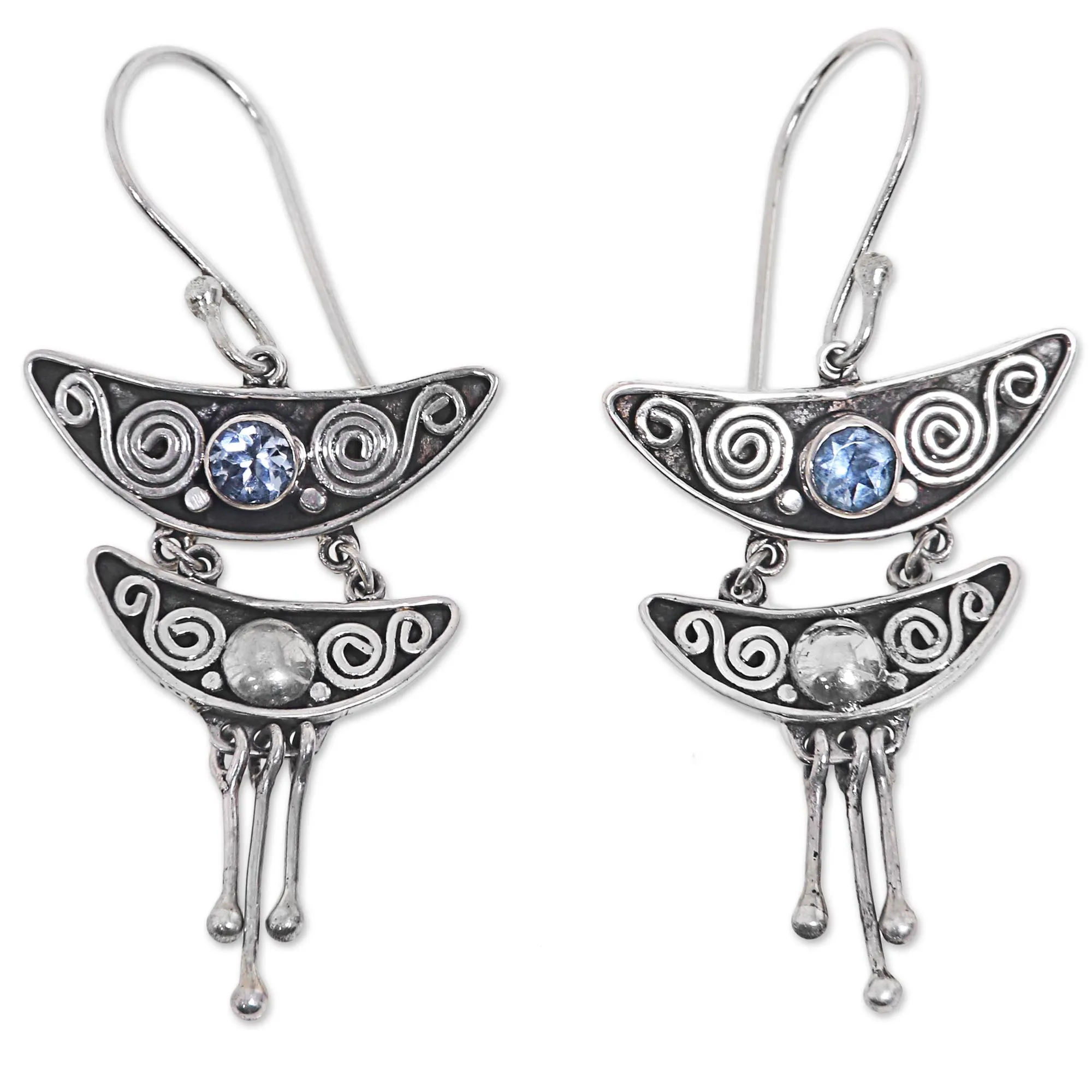 Balinese Pagoda Balinese Sterling Silver and Blue Topaz Dangle Earrings