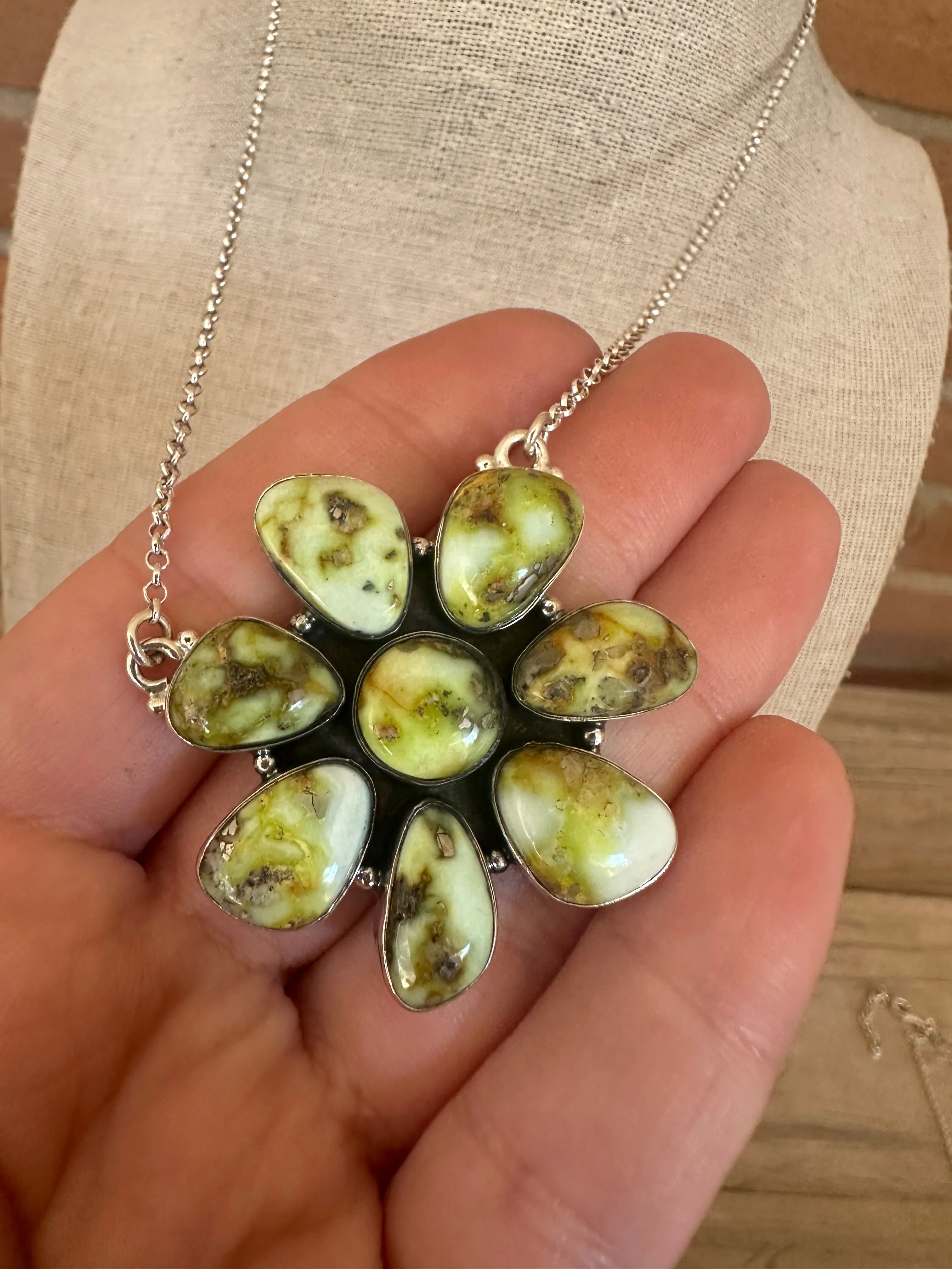 Beautiful Handmade Sterling Silver & Palomino Turquoise Cluster Flower Necklace