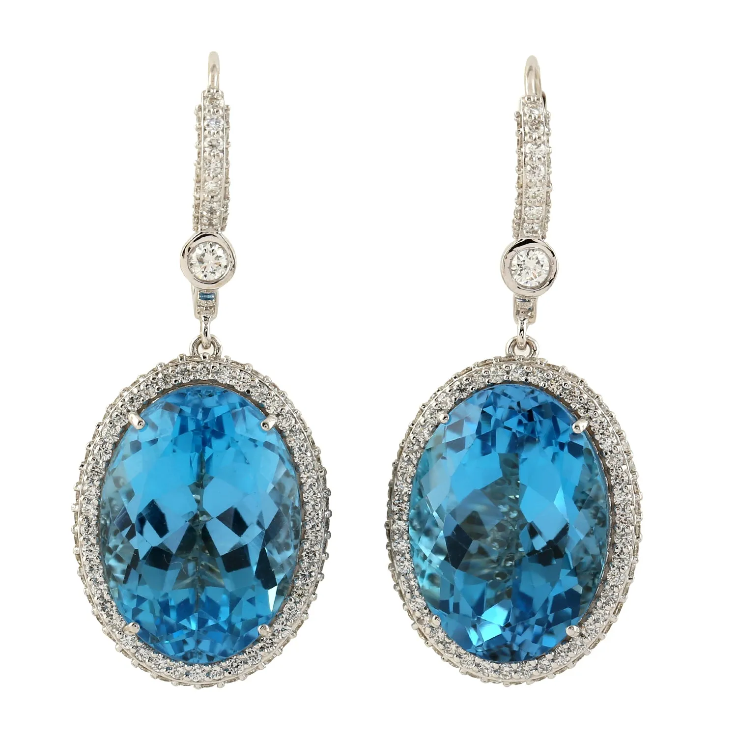 Beautiful Oval Blue Topaz Birthstone Pave Diamond Lever Back Danglers In 18k White Gold