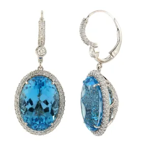 Beautiful Oval Blue Topaz Birthstone Pave Diamond Lever Back Danglers In 18k White Gold