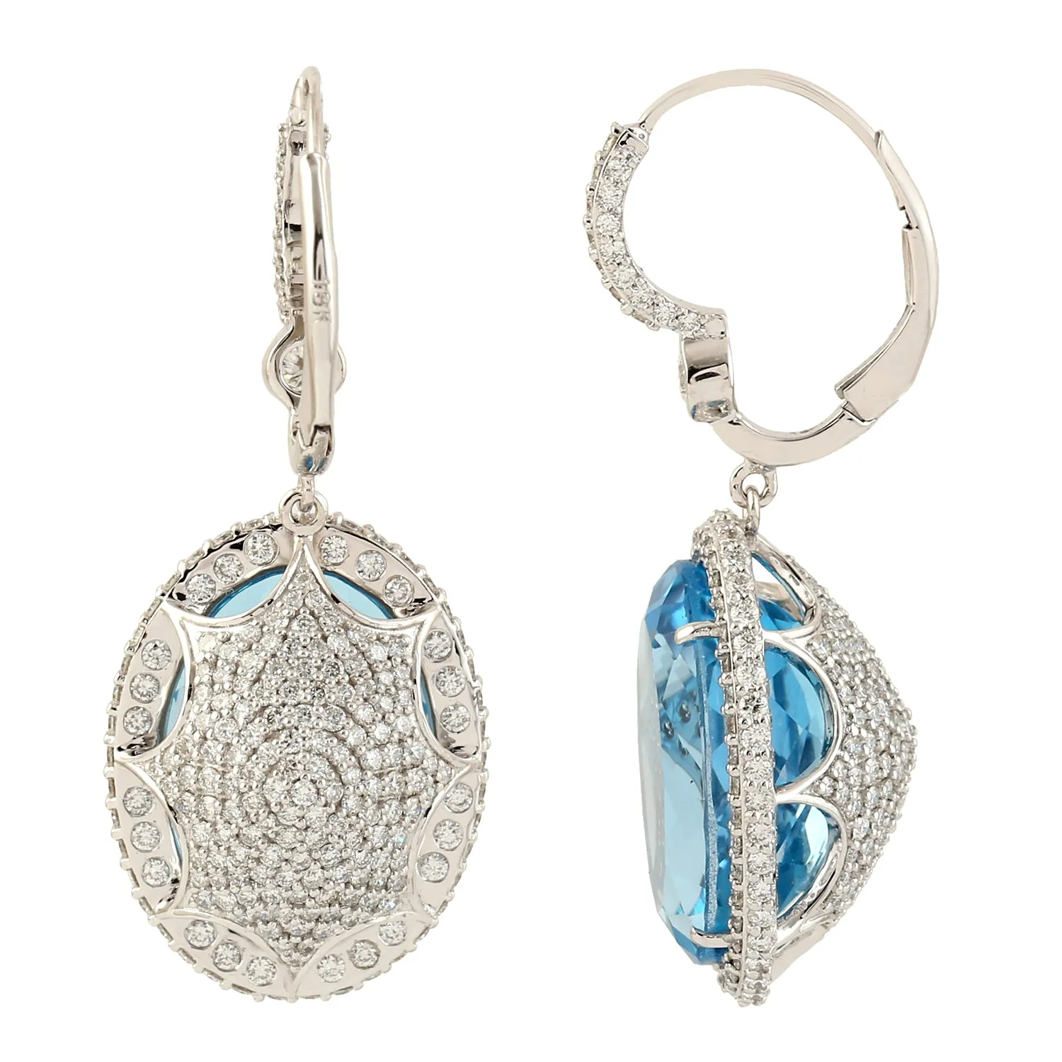 Beautiful Oval Blue Topaz Birthstone Pave Diamond Lever Back Danglers In 18k White Gold
