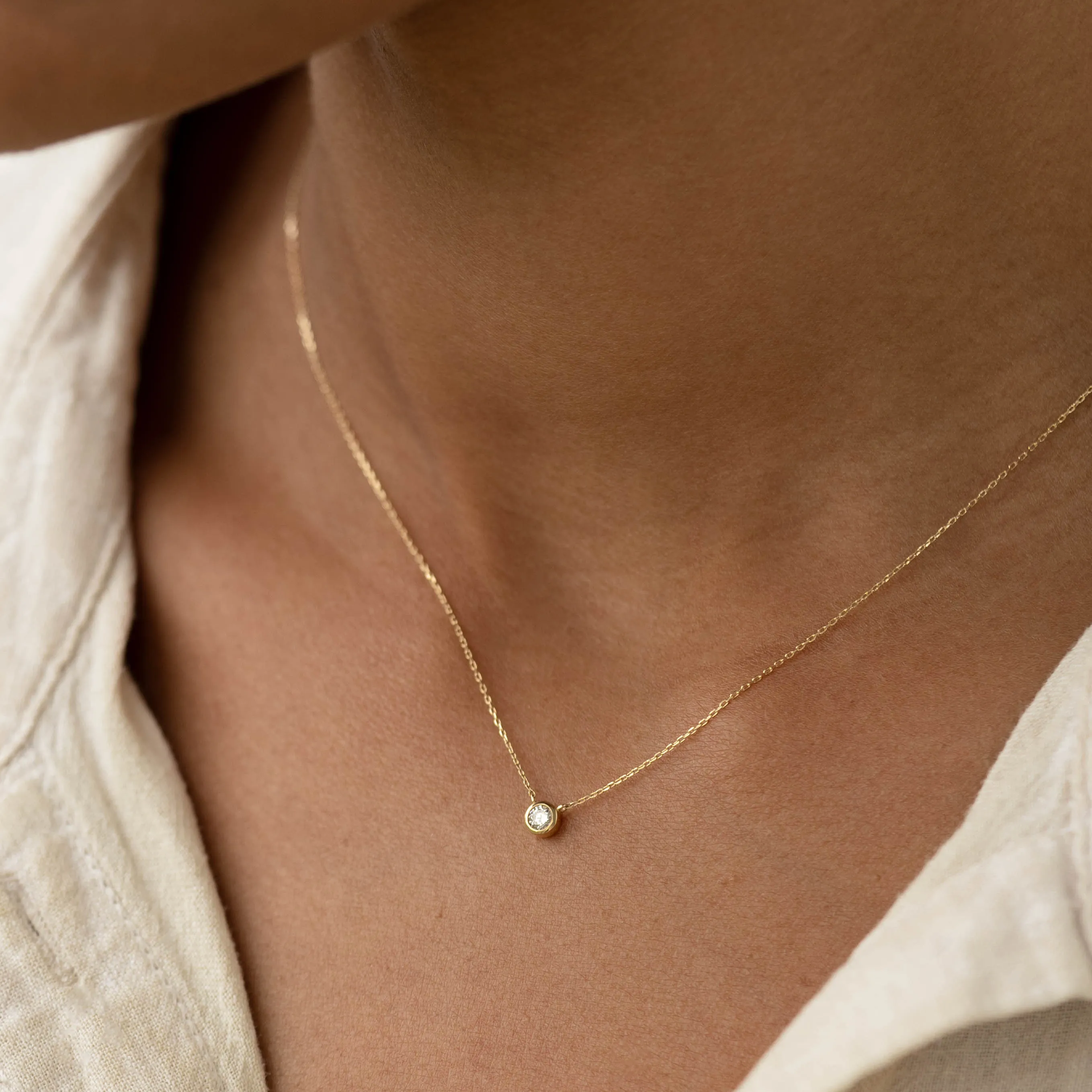 Bezel Set Diamond Necklace 14k Gold - Thais