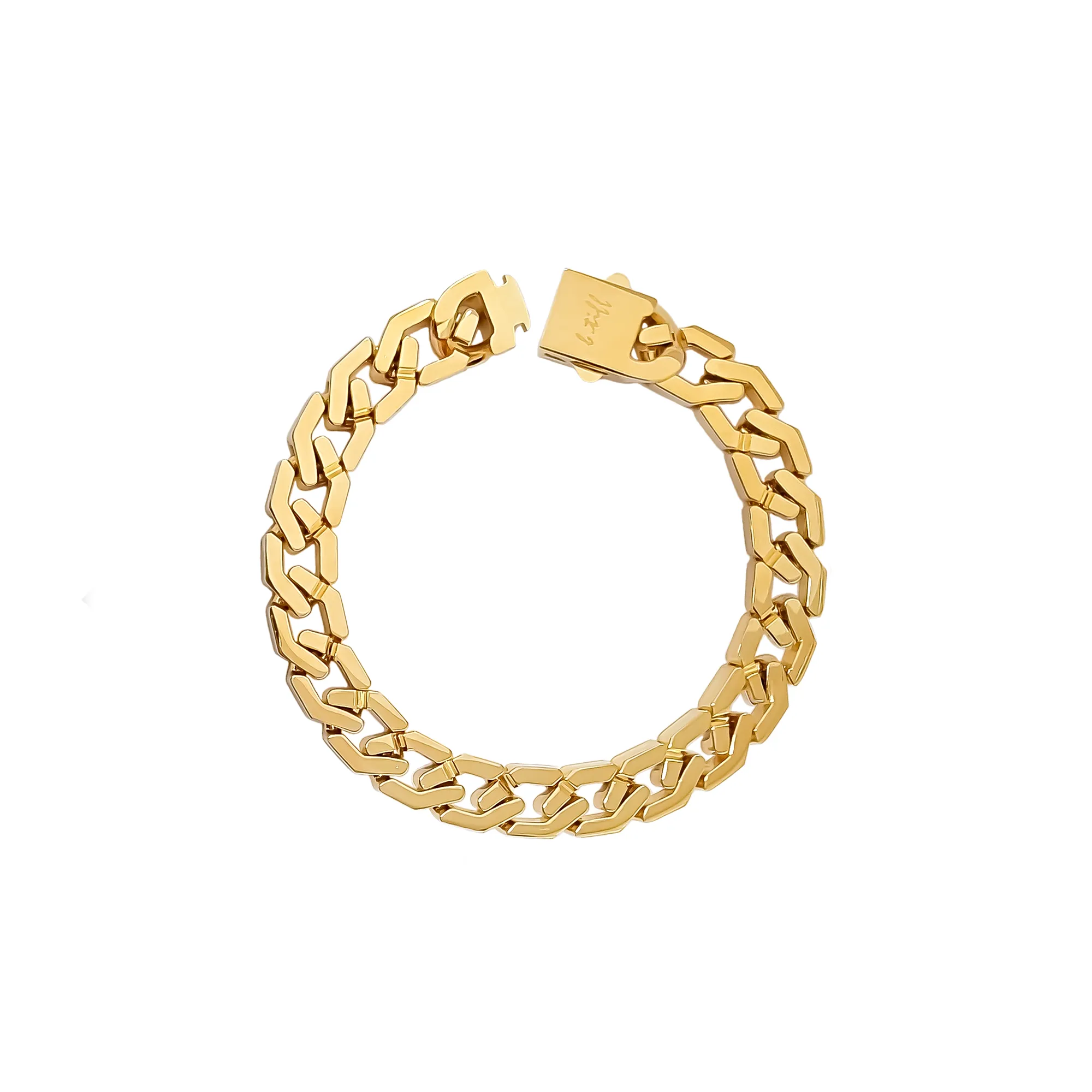 BG100G B.Tiff High Polish Flat Angular Cuban Link Gold Plated Stainless Steel Bracelet