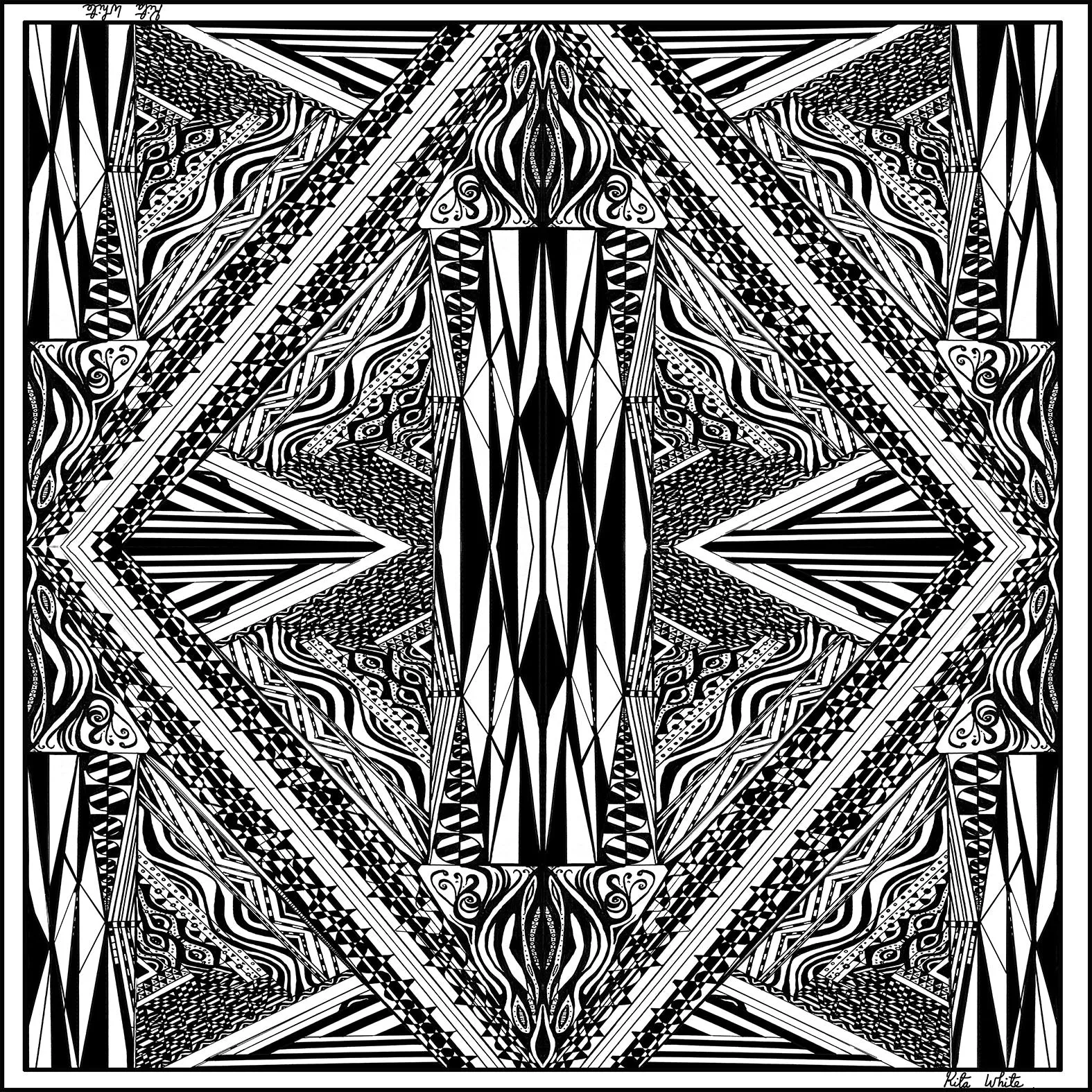 Black and White, Bridge of Triangles, 110cm Square Silk Scarf