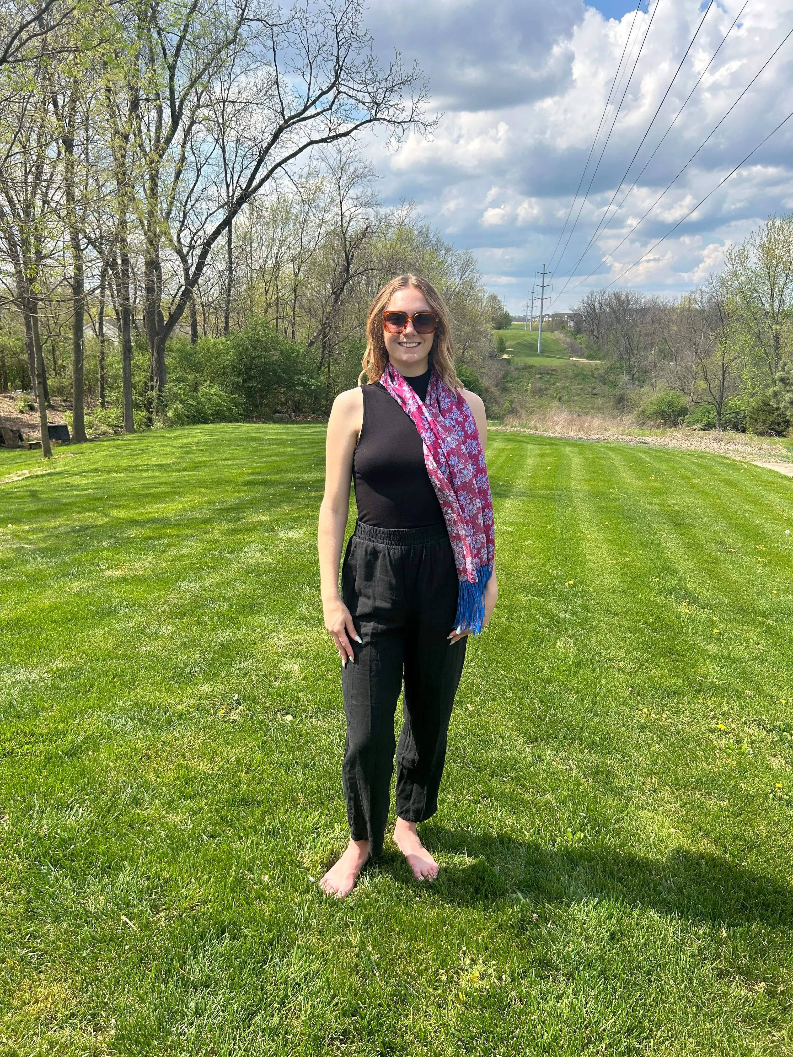 Blowing Flowers on Pink	Scarf , 15x58", Habu Silk, Hanknotted Fringe