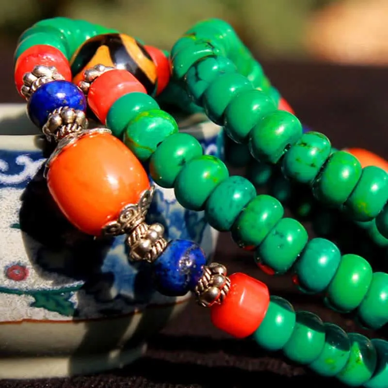 Buddha Stones 108 Mala Beads Tibetan Turquoise Dzi Bead Protection Bracelet