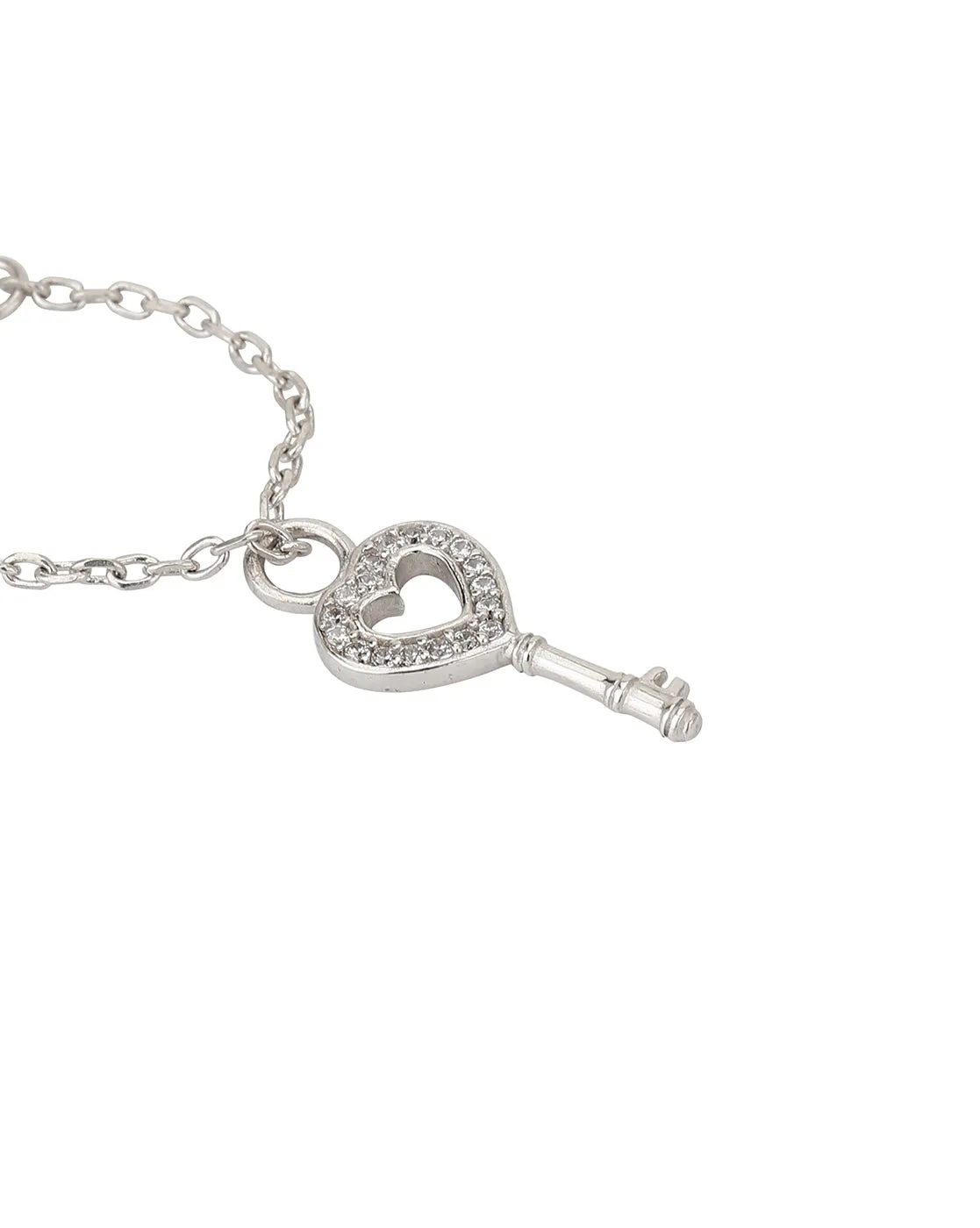 Carlton London Rhodium-Plated Silver-Toned Cz Studded Heart-Key Shape Watch Charm For Women