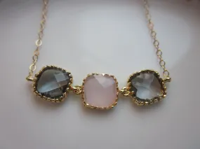 Charcoal Gray Necklace Pink Opal Gold Plated - Gold Filled Chain - Wedding Jewelry - Bridesmaid Jewelry - Valentines Day Gift