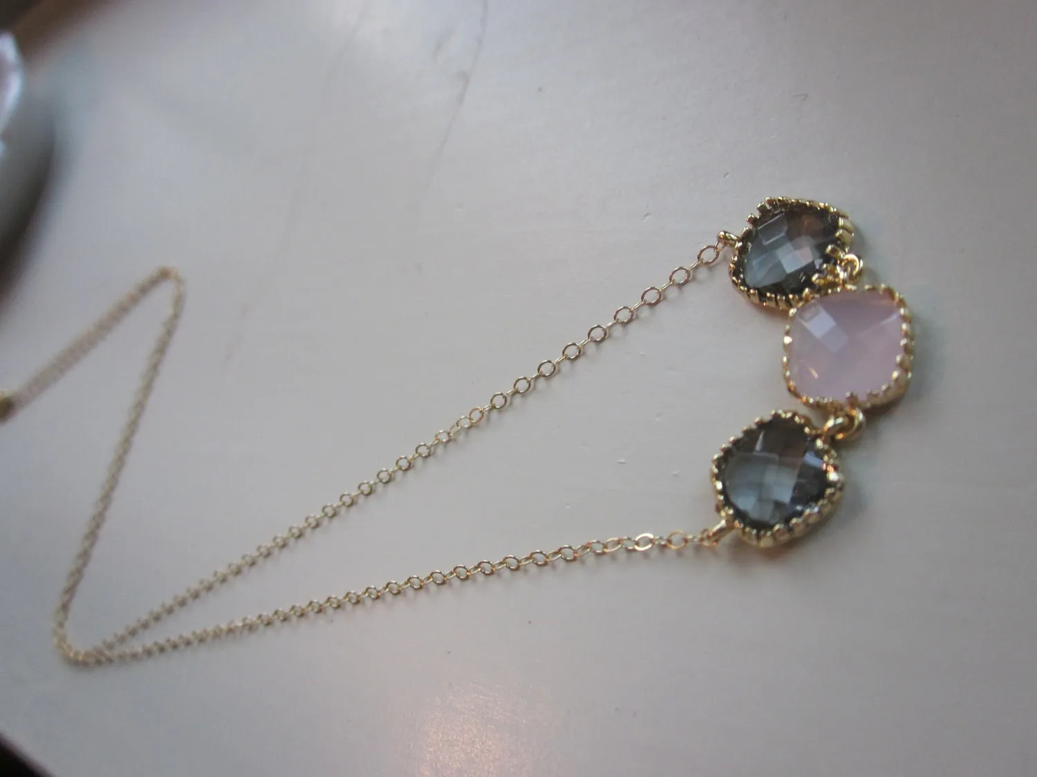 Charcoal Gray Necklace Pink Opal Gold Plated - Gold Filled Chain - Wedding Jewelry - Bridesmaid Jewelry - Valentines Day Gift
