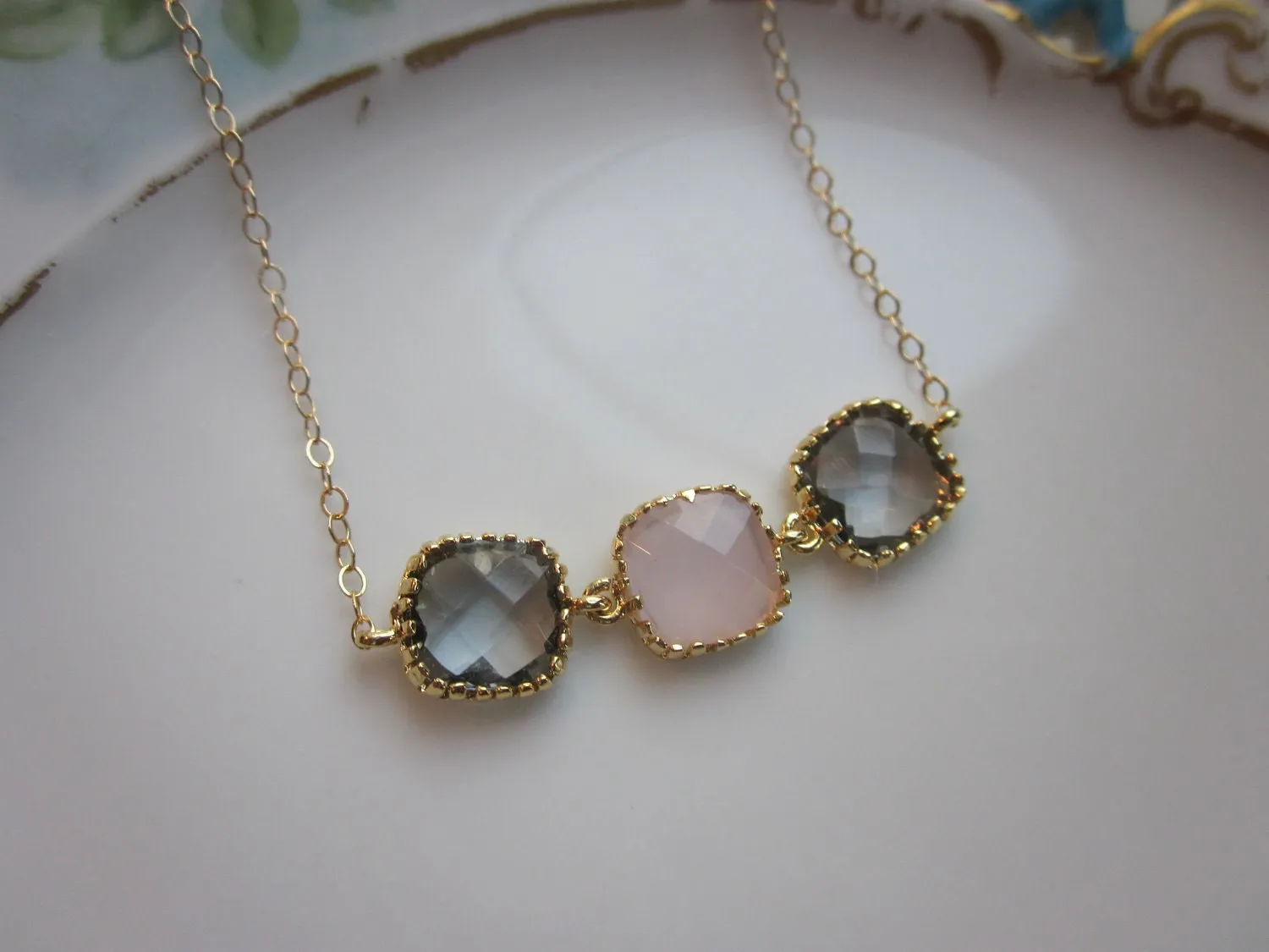 Charcoal Gray Necklace Pink Opal Gold Plated - Gold Filled Chain - Wedding Jewelry - Bridesmaid Jewelry - Valentines Day Gift