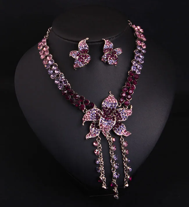 Crystal flower gemstone necklace and earrings set short collarbone female banquet bridal accessories