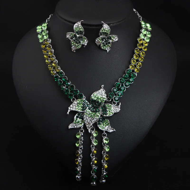 Crystal flower gemstone necklace and earrings set short collarbone female banquet bridal accessories