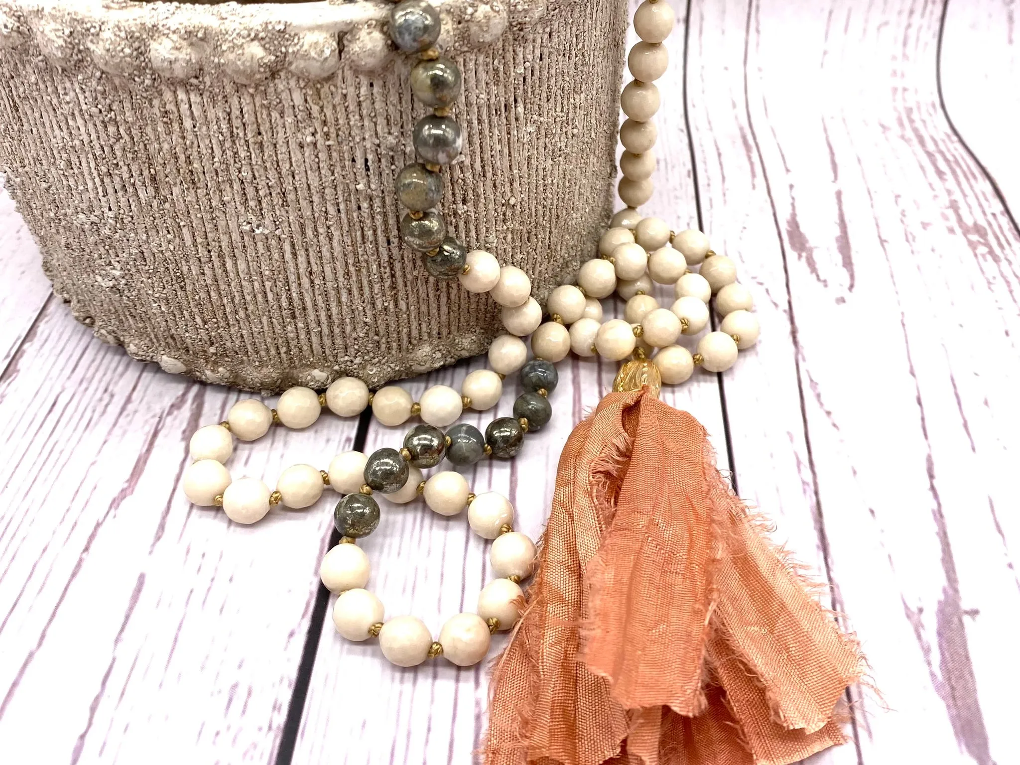 Crystal Mala with Pyrite and Fossilised Wood Gemstone
