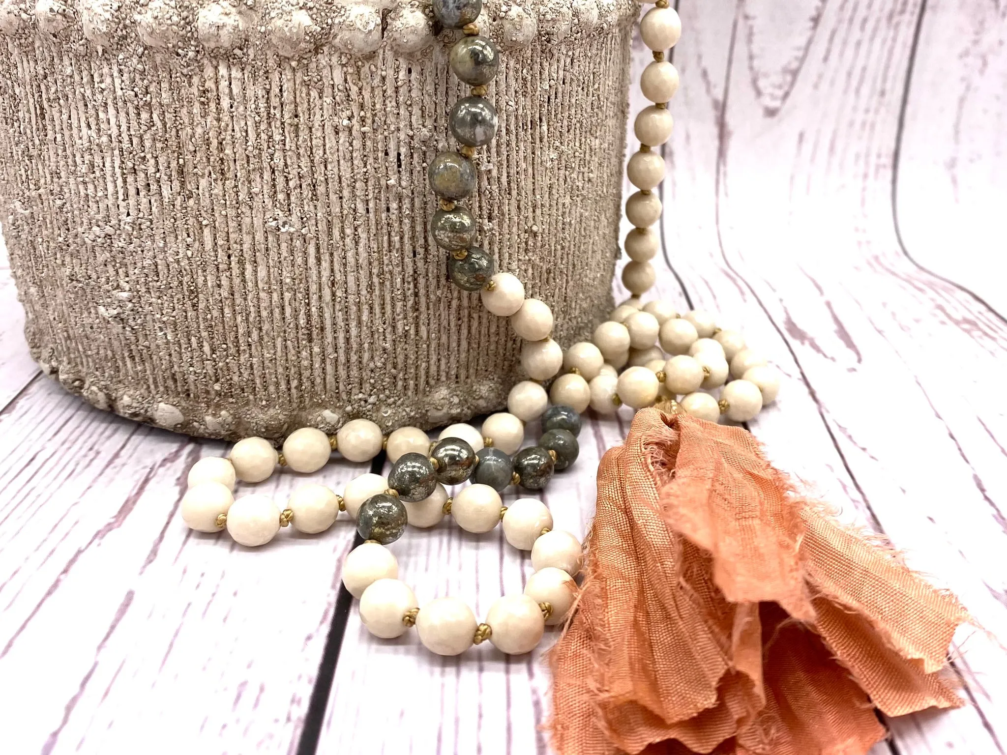 Crystal Mala with Pyrite and Fossilised Wood Gemstone