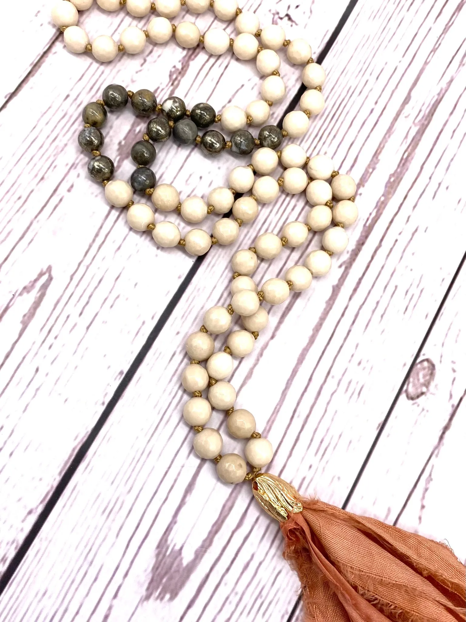 Crystal Mala with Pyrite and Fossilised Wood Gemstone