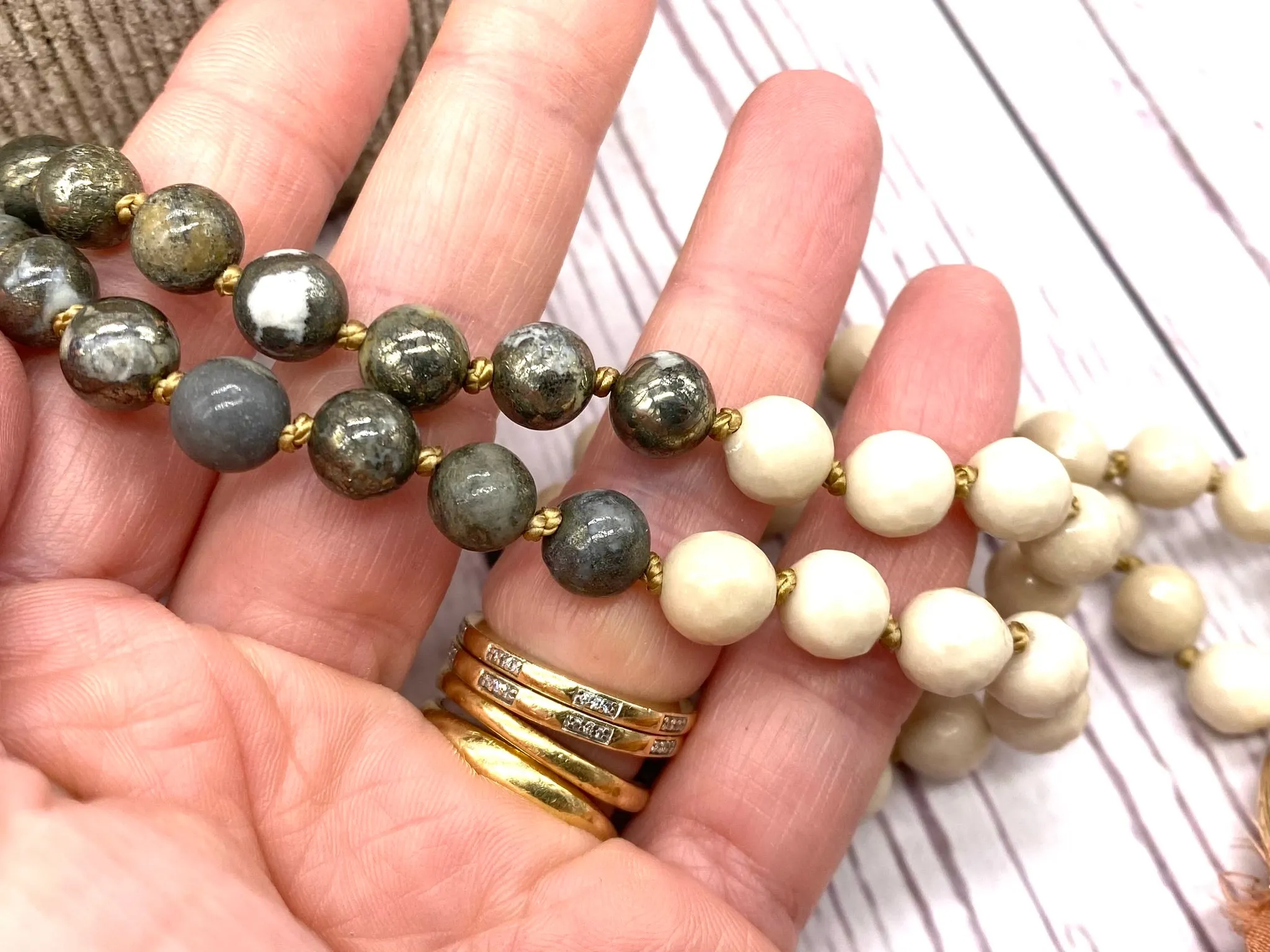 Crystal Mala with Pyrite and Fossilised Wood Gemstone