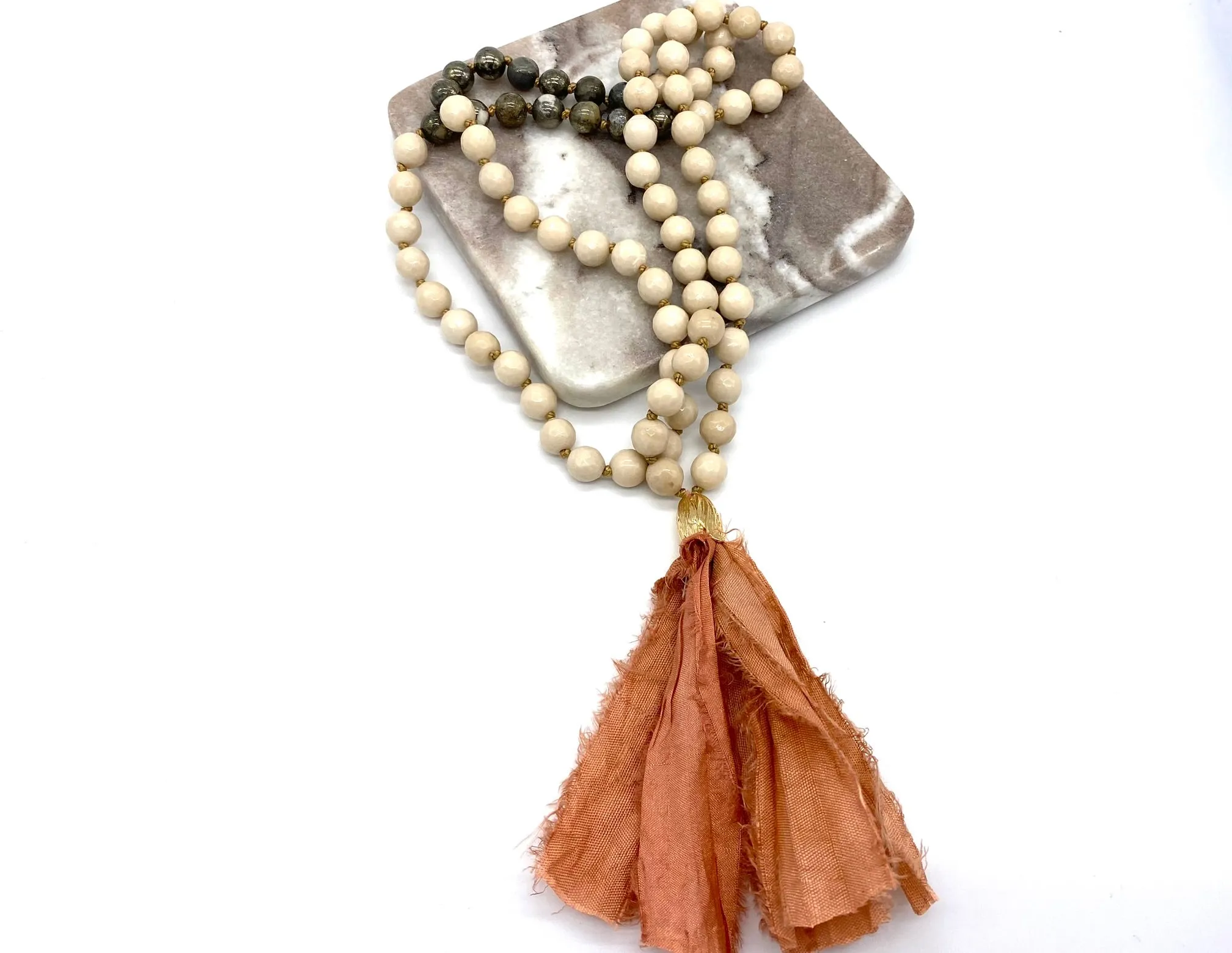 Crystal Mala with Pyrite and Fossilised Wood Gemstone