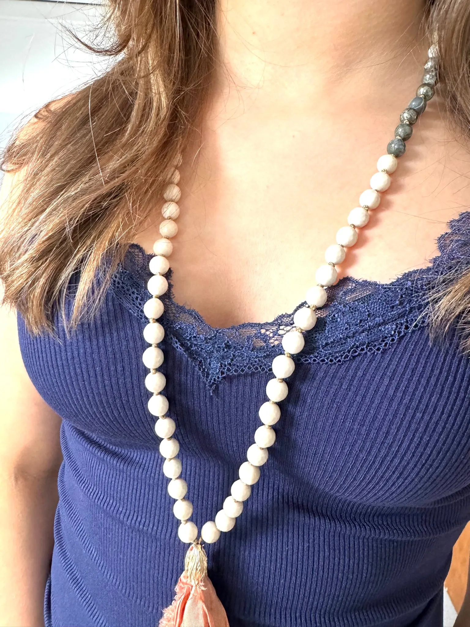 Crystal Mala with Pyrite and Fossilised Wood Gemstone