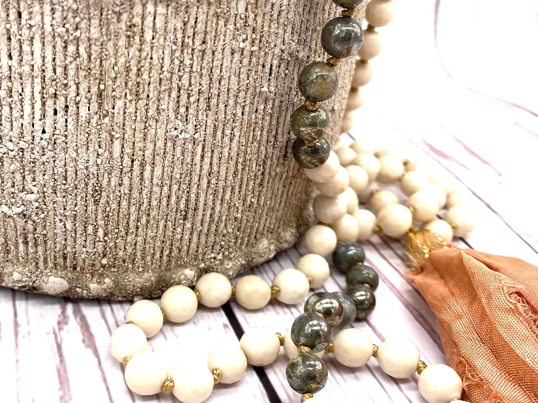 Crystal Mala with Pyrite and Fossilised Wood Gemstone