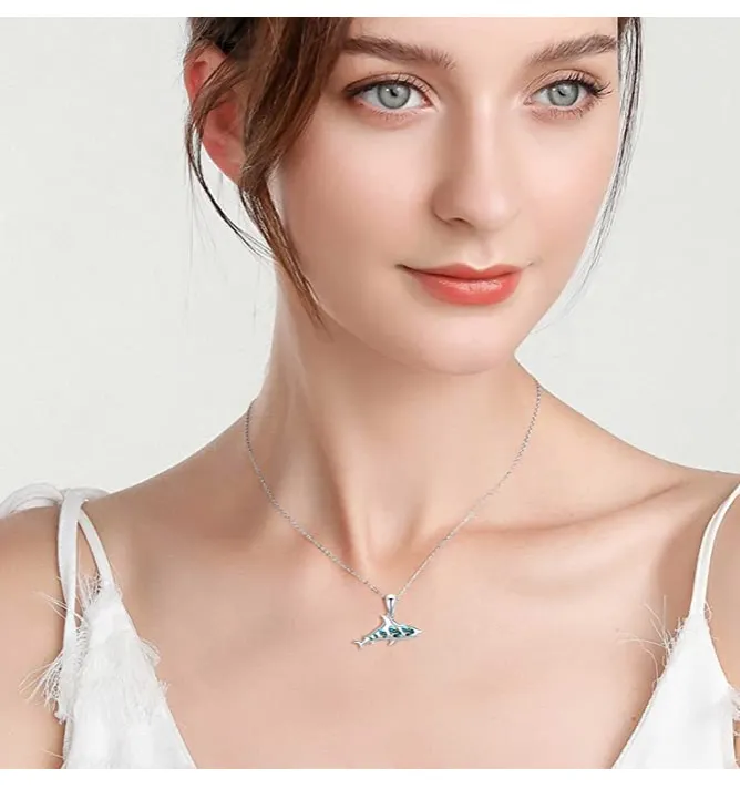 Cute Blue Opal Shark Necklace Pendant Shark Charm Chain 20in.