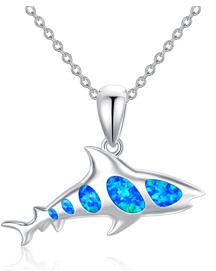 Cute Blue Opal Shark Necklace Pendant Shark Charm Chain 20in.