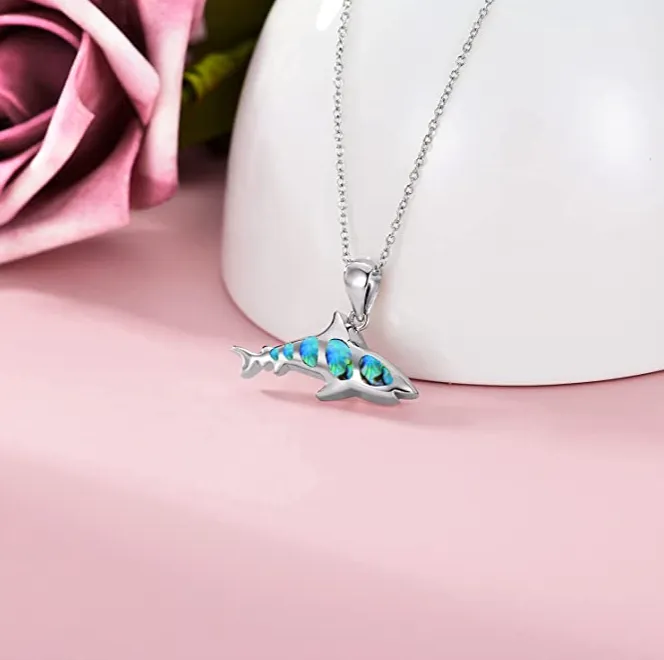 Cute Blue Opal Shark Necklace Pendant Shark Charm Chain 20in.