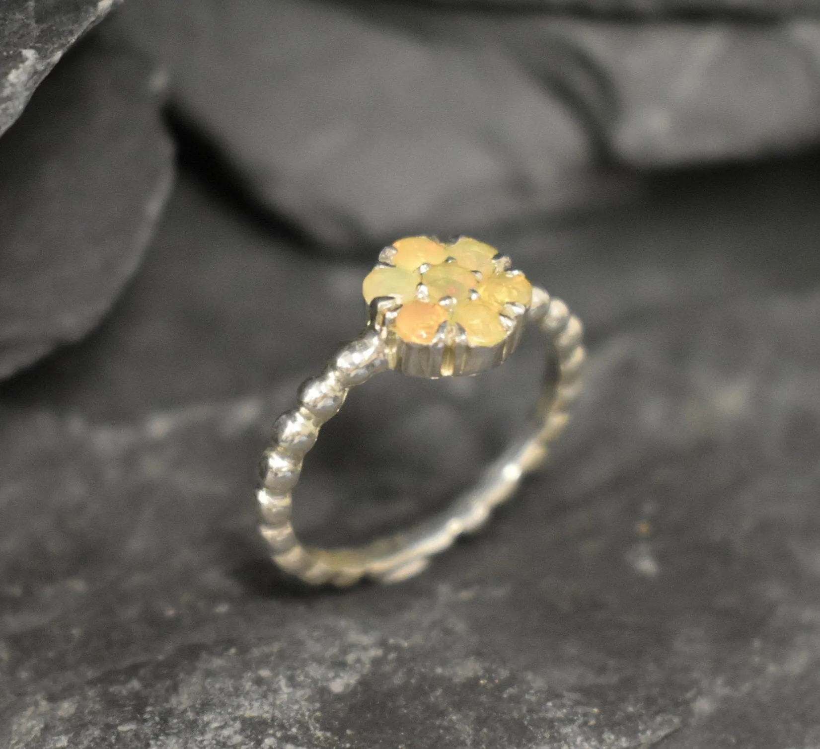 Daisy Opal Ring - Natural Ethiopian Opal - Fire Opal Bubble Band