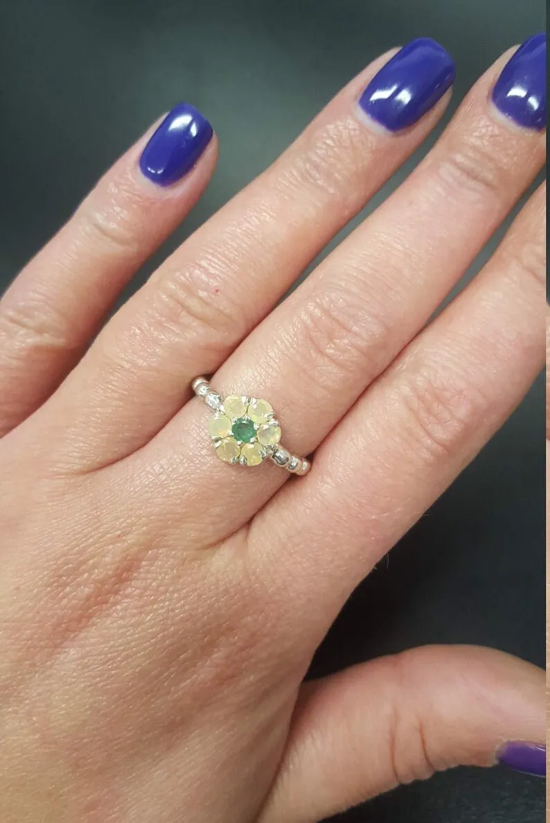 Daisy Opal Ring - Natural Ethiopian Opal - Fire Opal Bubble Band
