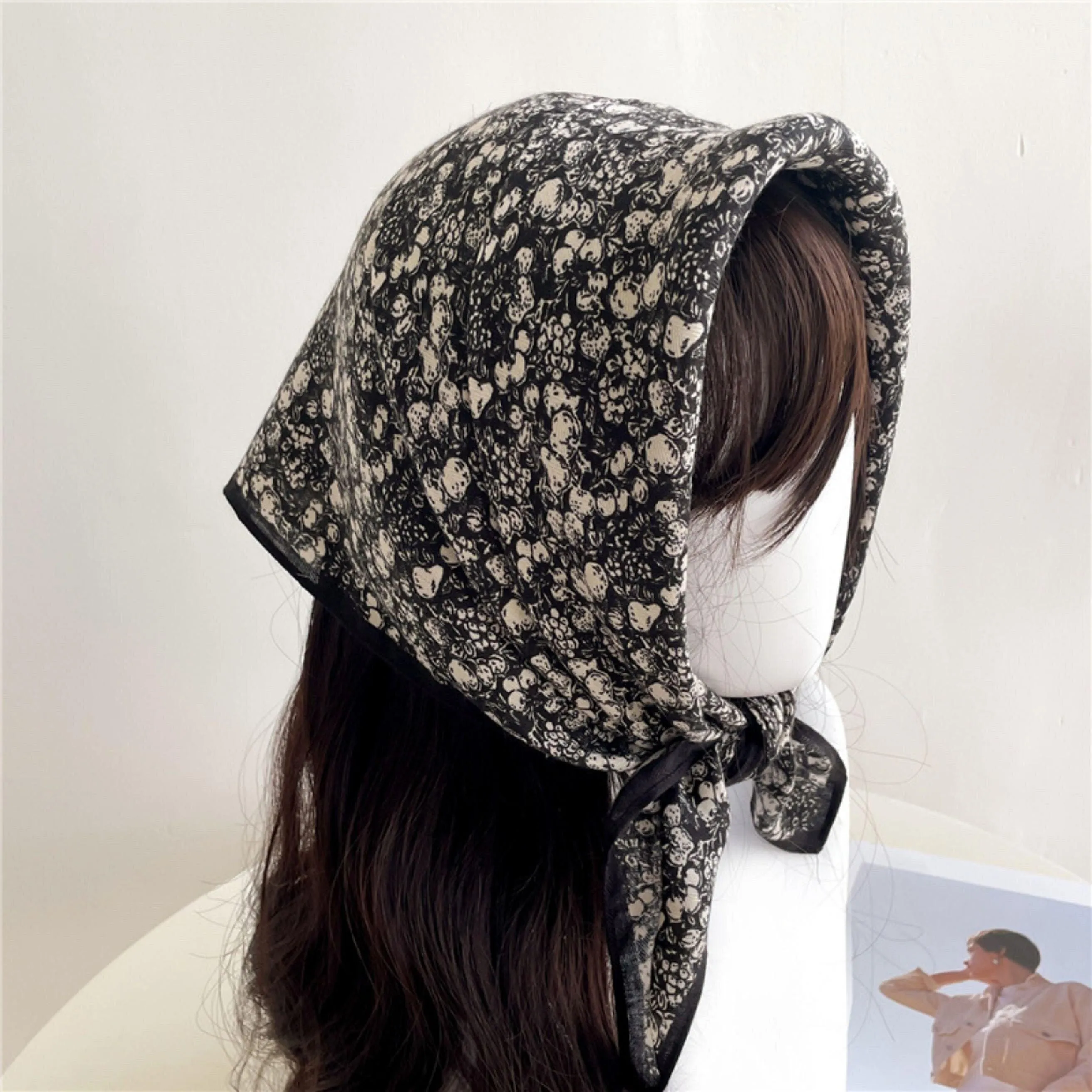 Dark Green Floral Print Square Scarf/Herringbone Weave Square Scarf/Lady's Neck Scarf/Cotton Linen Hand Feeling Scarf/Gift for Her