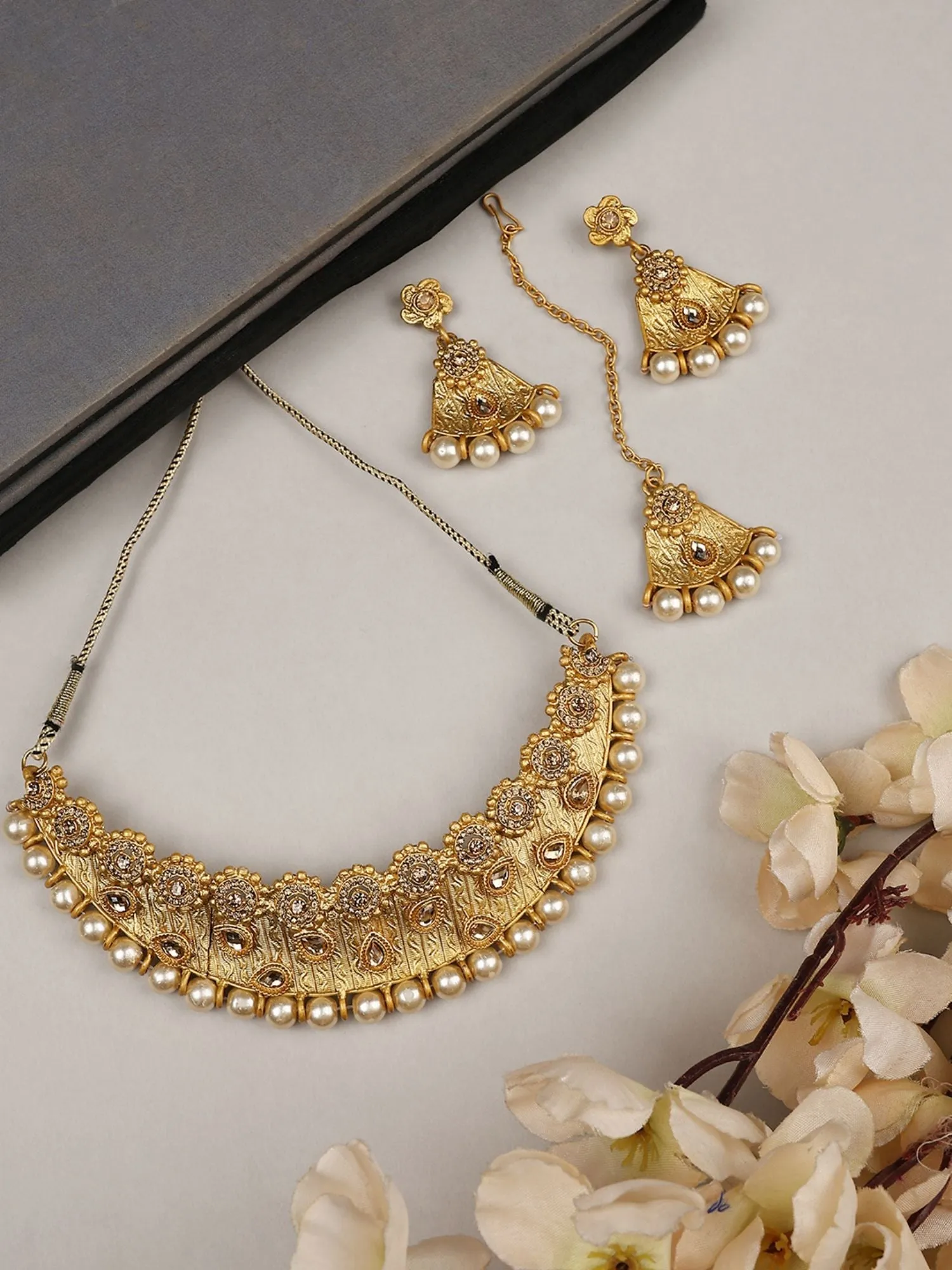 Designer Gold Plated Traditional Matte Finish Necklace With Earring Maangtika - Anikas Creation