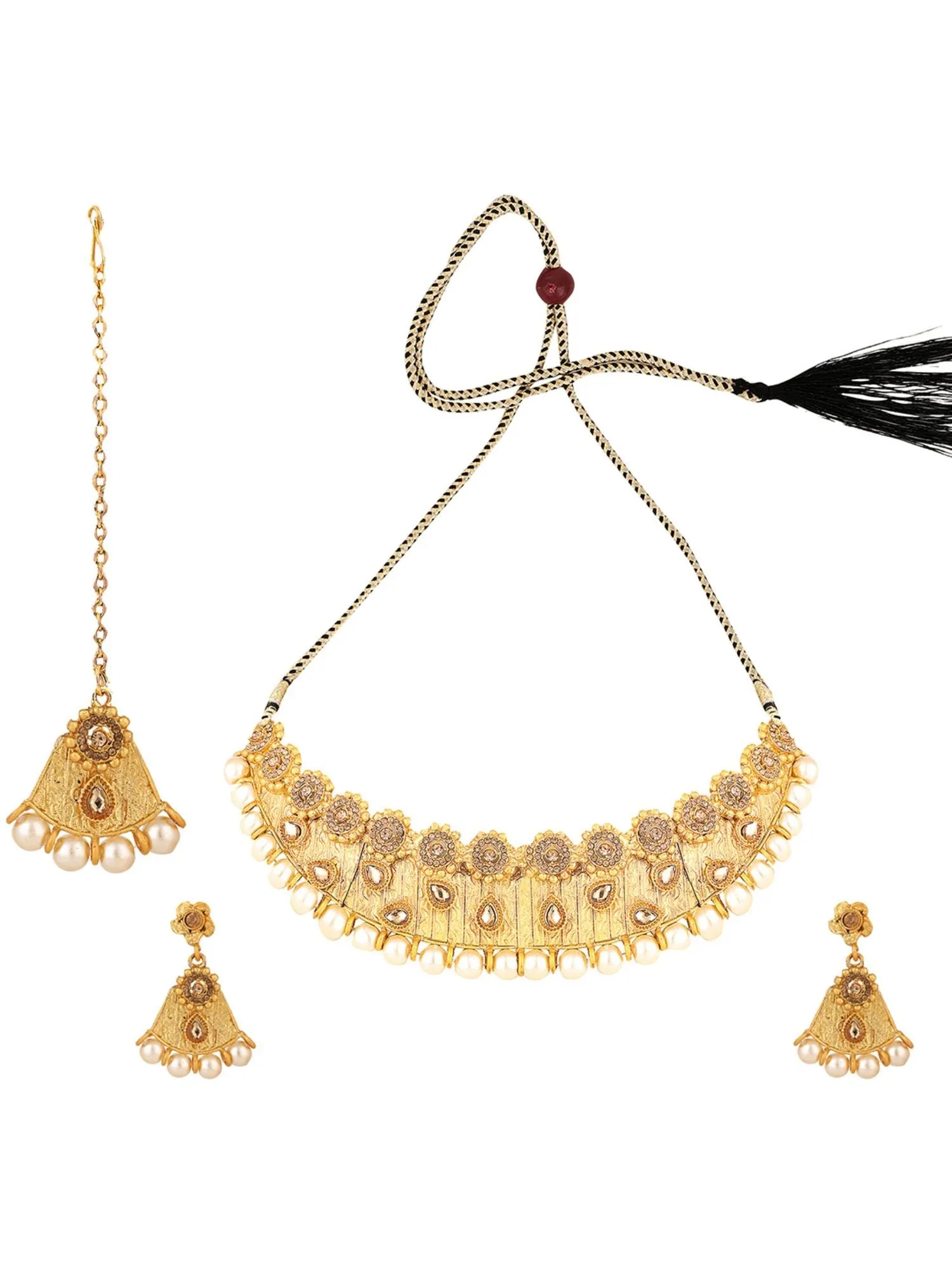 Designer Gold Plated Traditional Matte Finish Necklace With Earring Maangtika - Anikas Creation