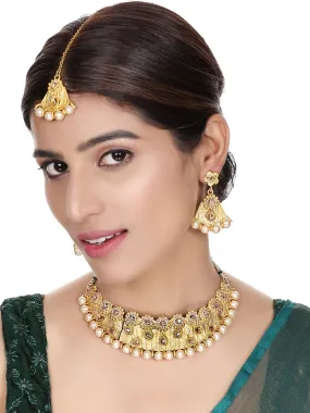 Designer Gold Plated Traditional Matte Finish Necklace With Earring Maangtika - Anikas Creation