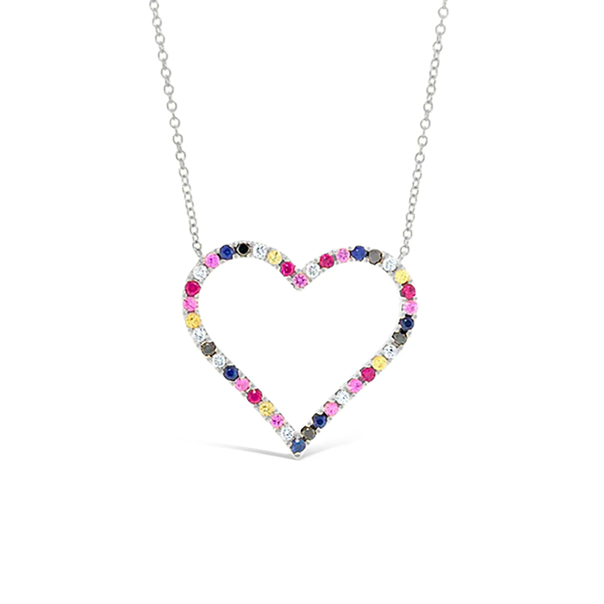 Diamond & Rainbow Gemstone Heart Pendant Necklace