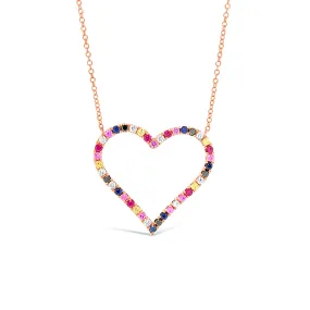 Diamond & Rainbow Gemstone Heart Pendant Necklace