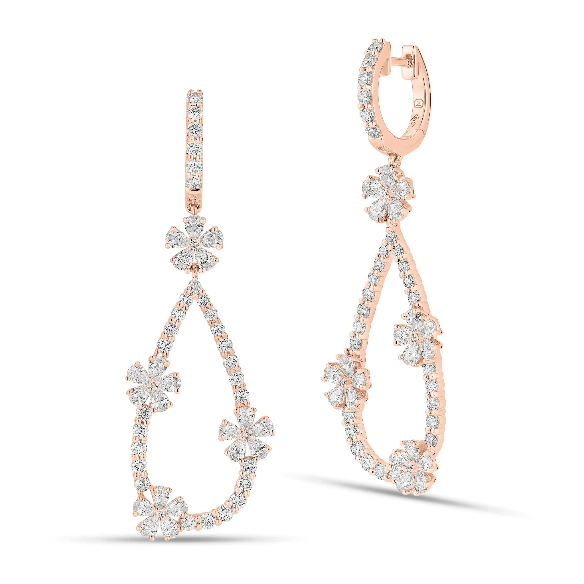 Diamond Flower Teardrop Hoop Earrings