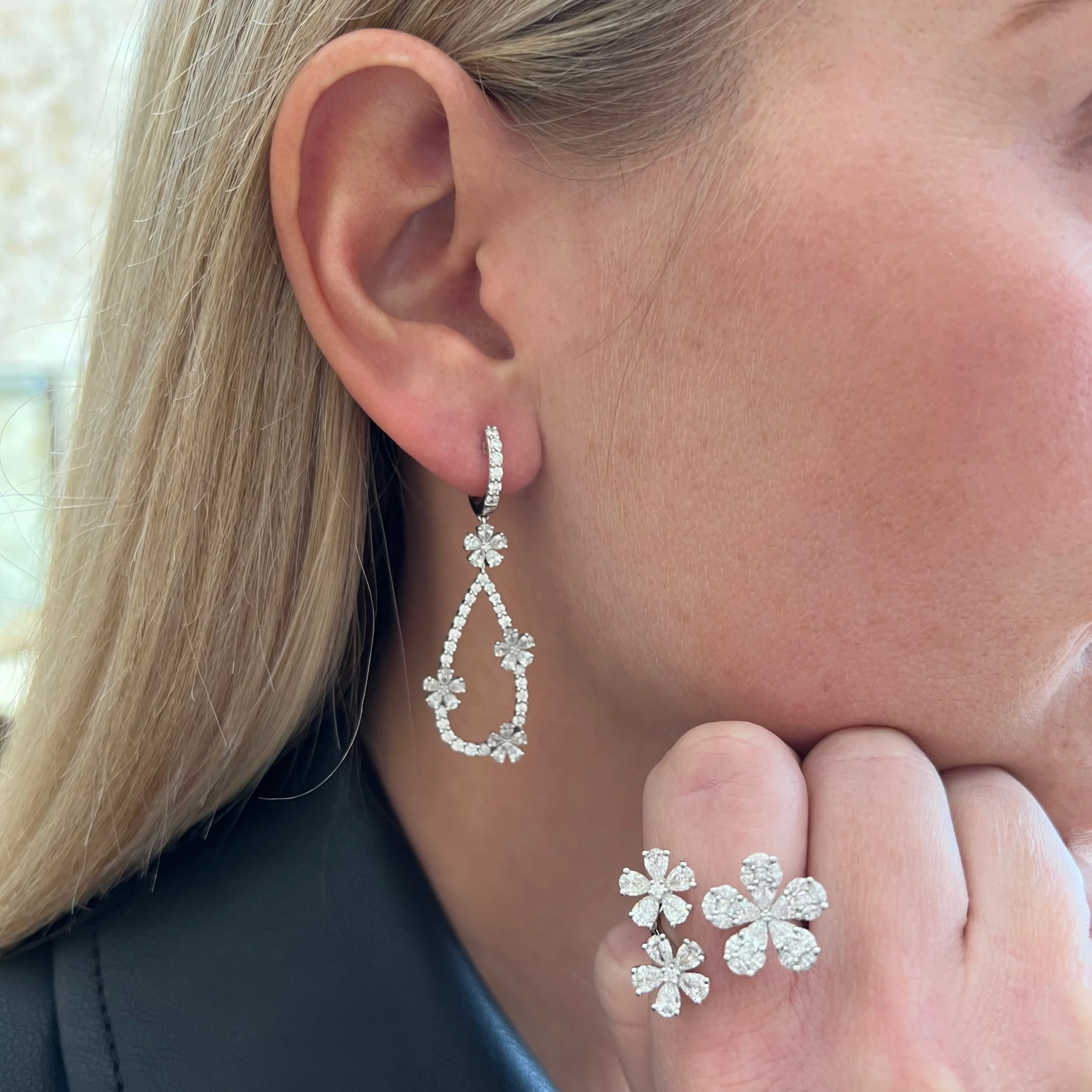 Diamond Flower Teardrop Hoop Earrings