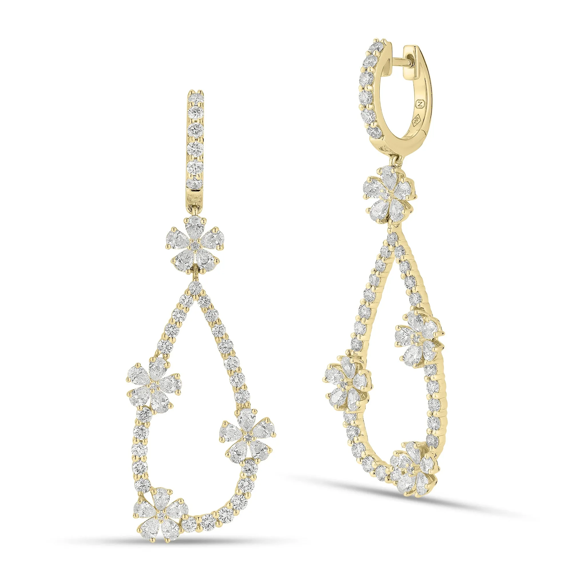 Diamond Flower Teardrop Hoop Earrings