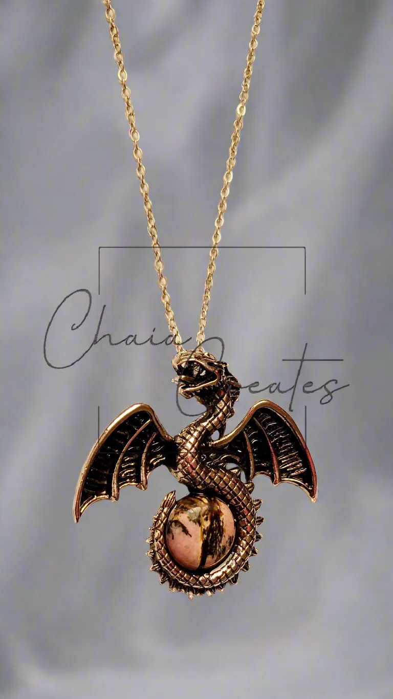 Dragon with Tail Wrapped around Gemstone on Chain Necklace