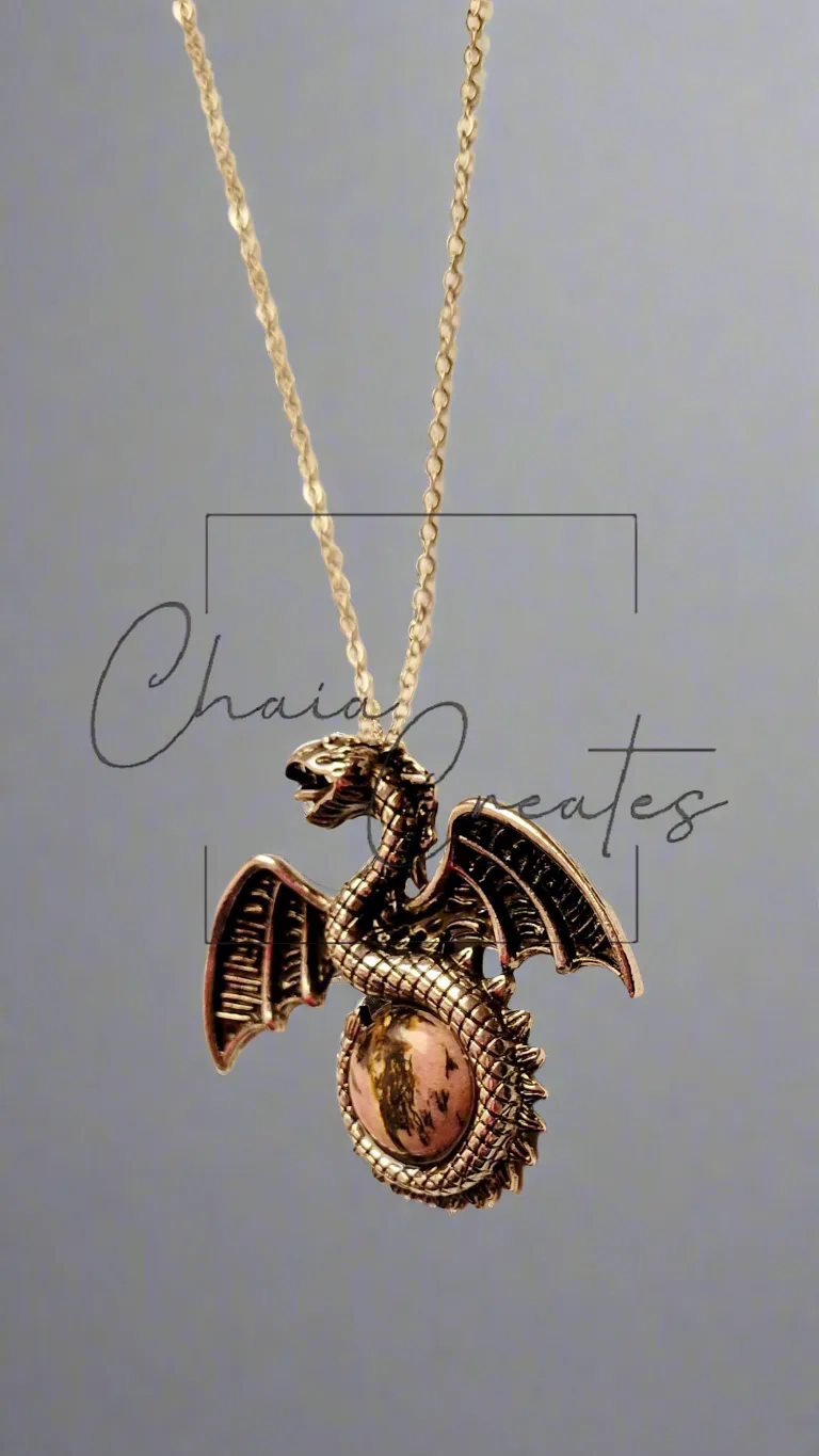 Dragon with Tail Wrapped around Gemstone on Chain Necklace