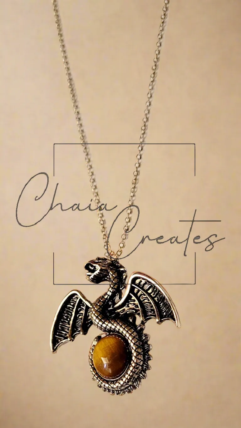 Dragon with Tail Wrapped around Gemstone on Chain Necklace