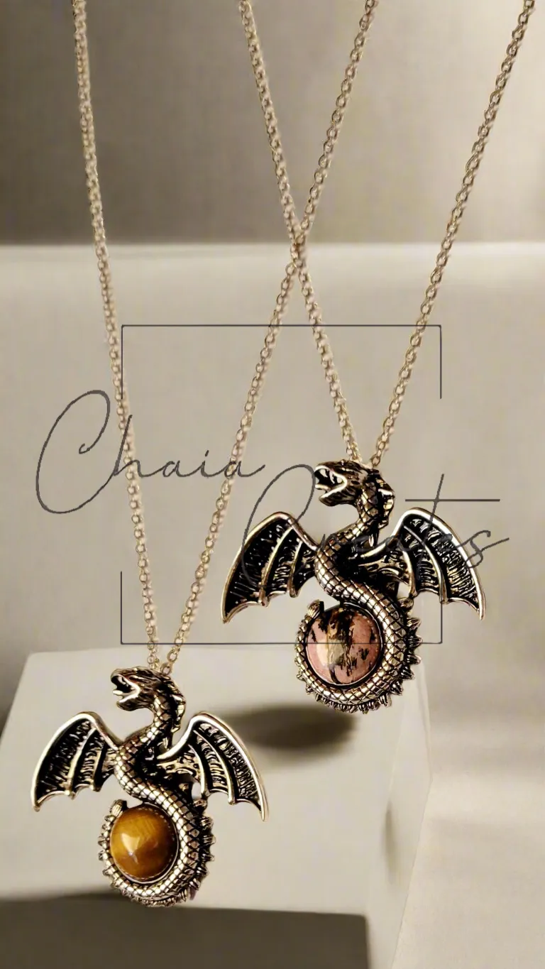 Dragon with Tail Wrapped around Gemstone on Chain Necklace