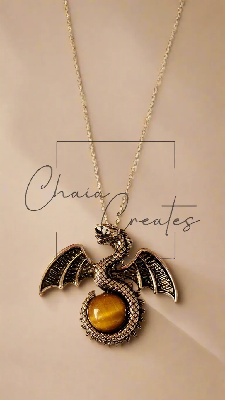 Dragon with Tail Wrapped around Gemstone on Chain Necklace