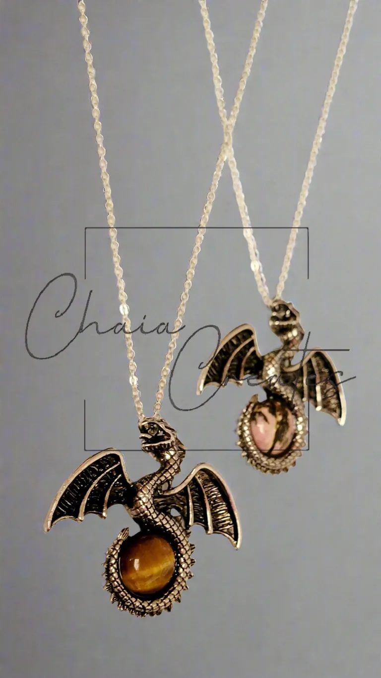 Dragon with Tail Wrapped around Gemstone on Chain Necklace