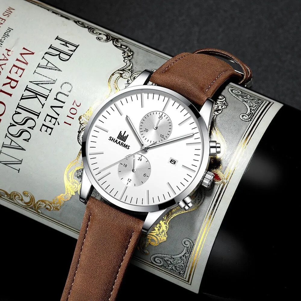 Elegant Business Men 'S Watch Simple Fake Eyes With Calendar Quartz Leather-Belt Watch Men 'S
