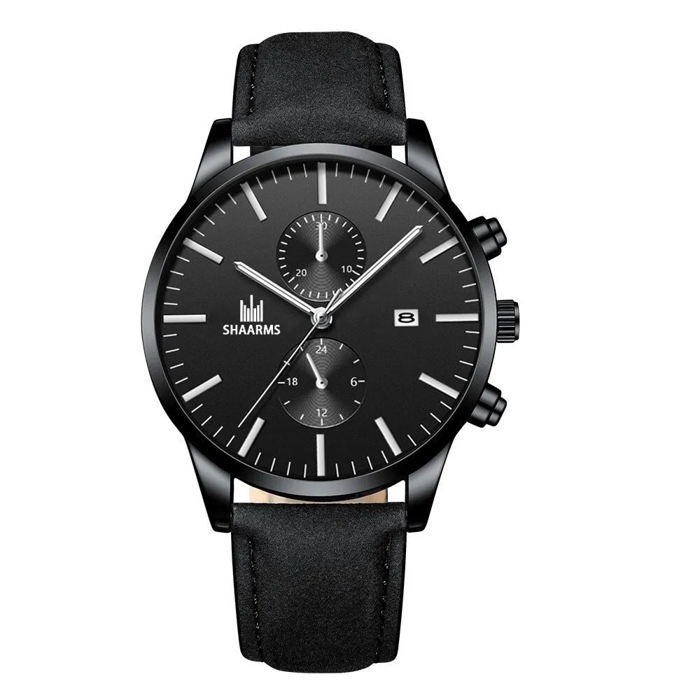 Elegant Business Men 'S Watch Simple Fake Eyes With Calendar Quartz Leather-Belt Watch Men 'S