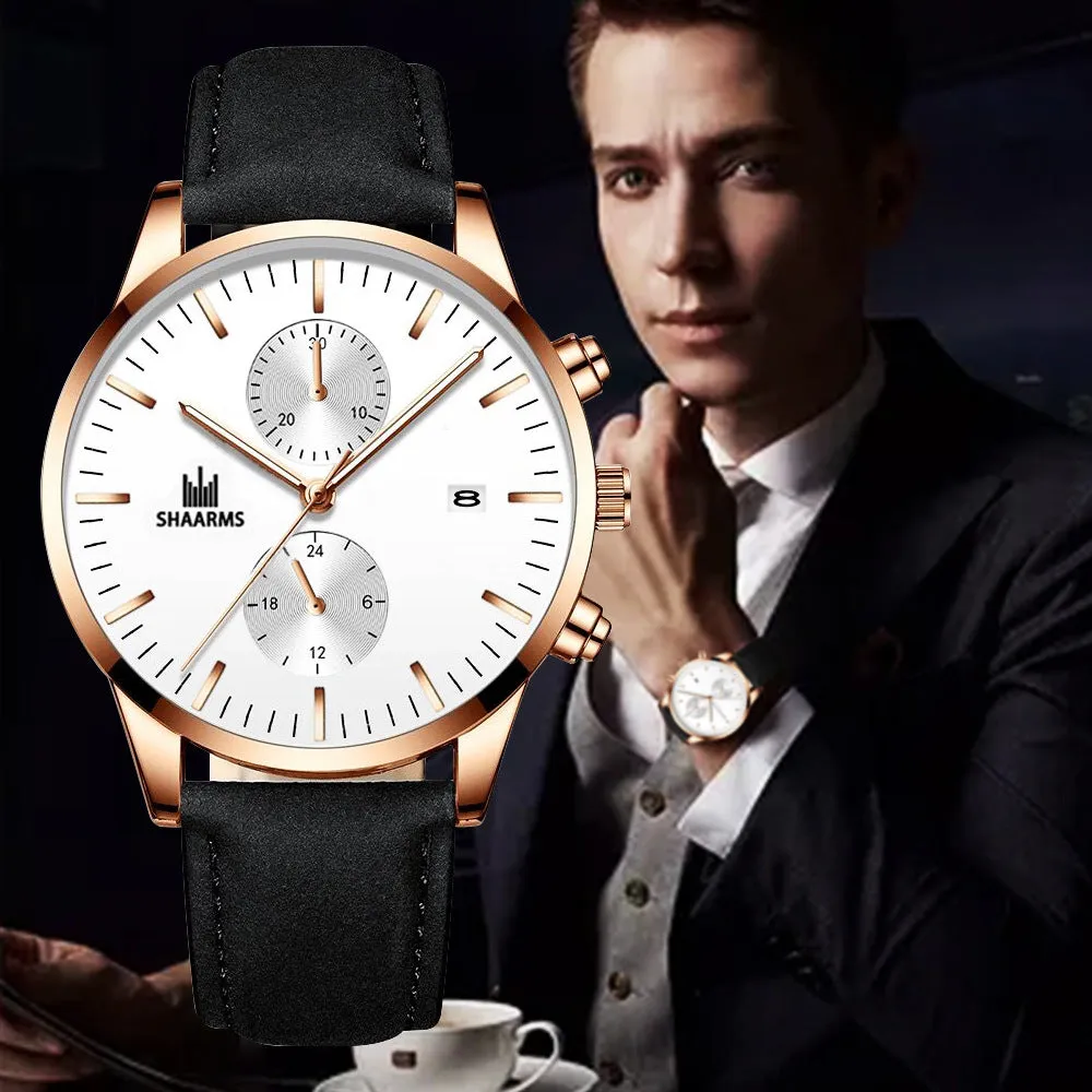 Elegant Business Men 'S Watch Simple Fake Eyes With Calendar Quartz Leather-Belt Watch Men 'S